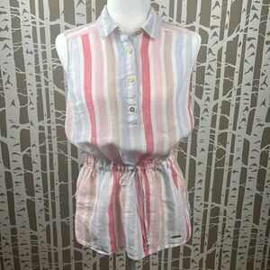 Ellen Tracy 100% LINEN striped sleeveless half button down drawstring waist top